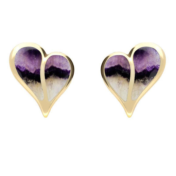 9ct Yellow Gold Blue John Split Heart Stud Earrings, E364.