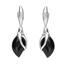 00074065 C W Sellors Sterling Silver Whitby Jet Leaf Shaped Open Top Drop Earrings E1655