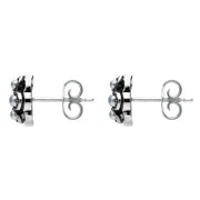 00082725 C W Sellors Sterling Silver Pearl and Marcasite Four Petal Flower Stud Earrings, E1690.