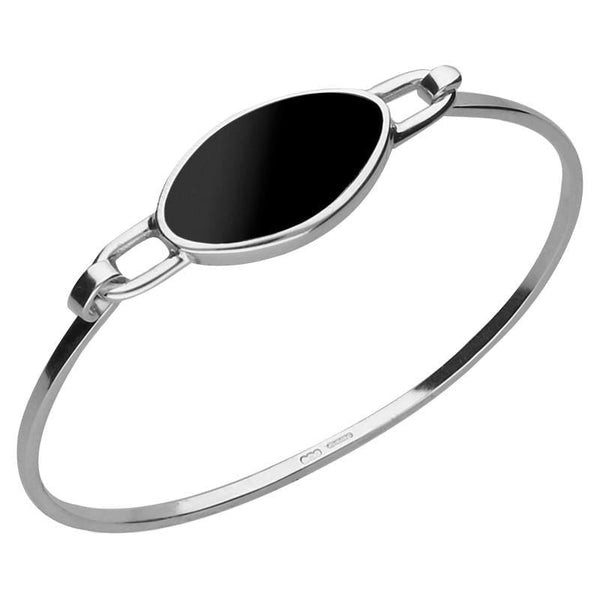 Silver Whitby Jet Narrow Oval Stone Bangle B018