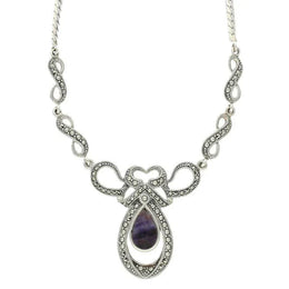 Sterling Silver Blue John Marcasite Drop Bow Twist Necklace. N893.