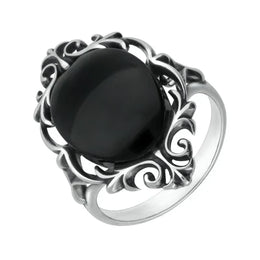 Sterling Silver Whitby Jet  Oval Open Carved Ring R920