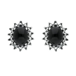 Sterling Silver Whitby Jet Marcasite Oval Beaded Edge Stud Earrings E2149