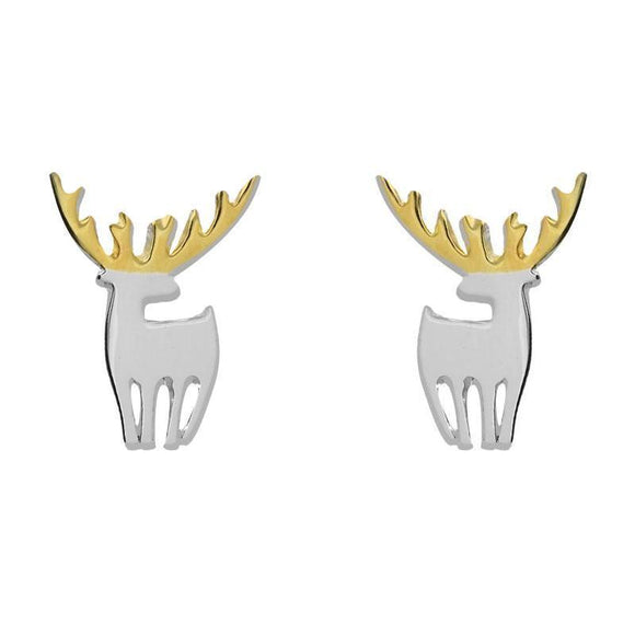 Sterling Silver Yellow Gold Reindeer Silhouette Earrings. E2228.