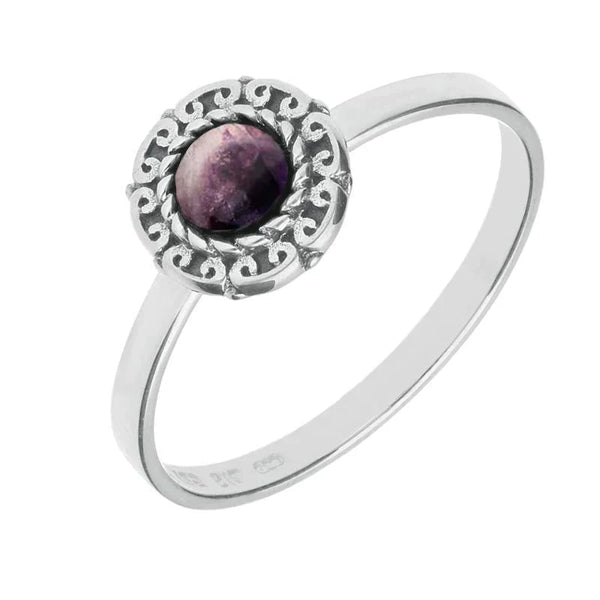 00148946 Sterling Silver Blue John Round Rope Curved Edge Ring, R740.