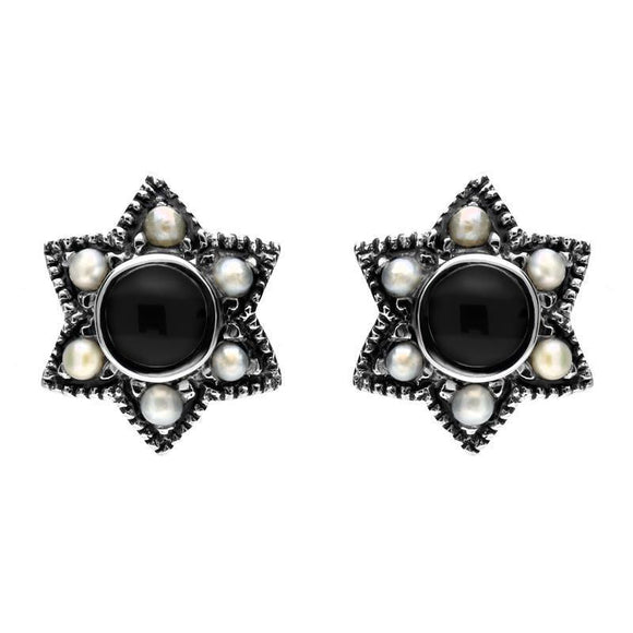 00150645 C W Sellors Sterling Silver Whitby Jet and Pearl Six Point Star Stud Earrings, E1638.