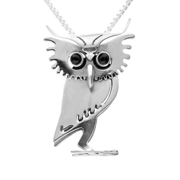00159720 C W Sellors Sterling Silver Whitby Jet Large Three Dimensional Owl Necklace, P3304C.