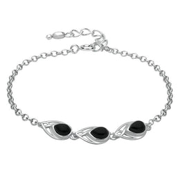 Sterling Silver Whitby Jet 3 Stone Pear Bracelet, B1005