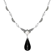 Sterling Silver Whitby Jet Marcasite Pearl Drop Necklace N1051
