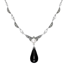 Sterling Silver Whitby Jet Marcasite Pearl Drop Necklace N1051