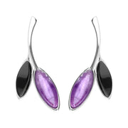Sterling Silver Whitby Jet Amethyst Two Leaf Drop Stud Earrings E2433