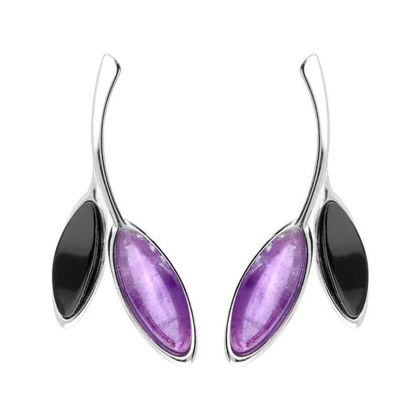 Sterling Silver Whitby Jet Amethyst Two Leaf Drop Stud Earrings E2433