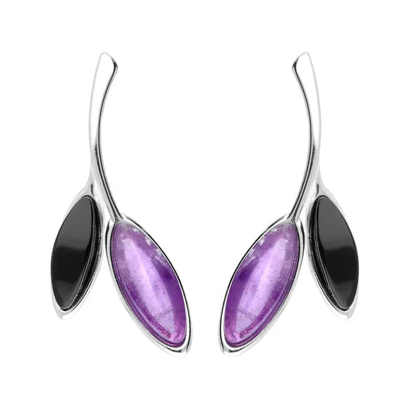Sterling Silver Whitby Jet Amethyst Two Leaf Drop Stud Earrings E2433
