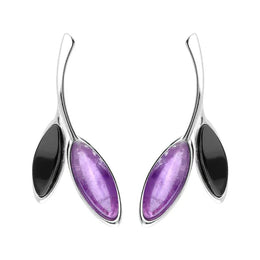 Sterling Silver Whitby Jet Amethyst Two Leaf Drop Stud Earrings E2433