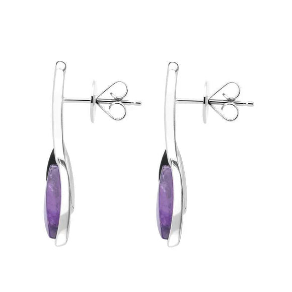 Sterling Silver Whitby Jet Amethyst Two Leaf Drop Stud Earrings E2433