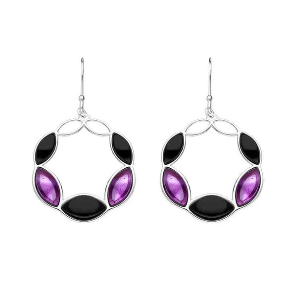 Sterling Silver Whitby Jet Amethyst Five Stone Circle Drop Earrings E2497