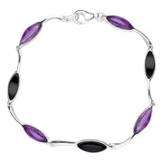 Sterling Silver Whitby Jet Amethyst Seven Stone Leaf Bracelet B1158