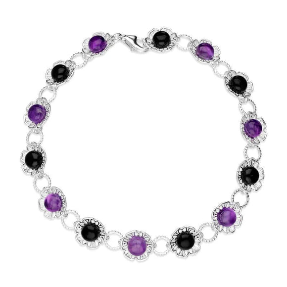 Sterling Silver Whitby Jet Amethyst Flower Bracelet B1159