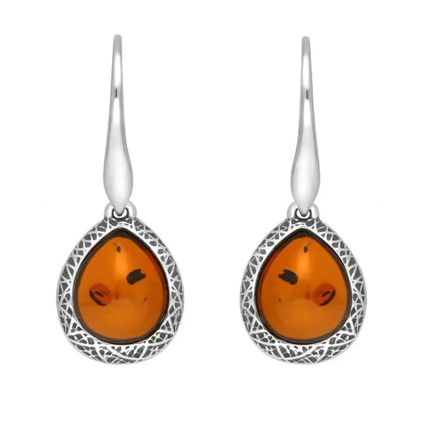 Sterling Silver Cognac Amber Basket Weave Edge Pear Hook Earrings E2501_C