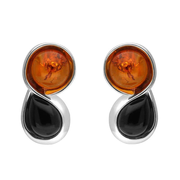 Sterling Silver Whitby Jet Amber Round Pear Stud Earrings E2506