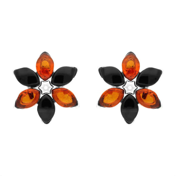 Sterling Silver Whitby Jet Amber Flower Stud Earrings E2506