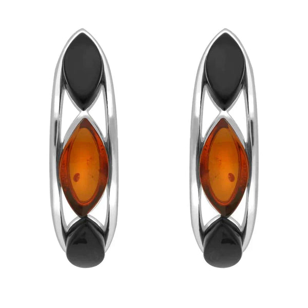 Sterling Silver Whitby Jet Amber Marquise Curved Hoop Earrings E2511
