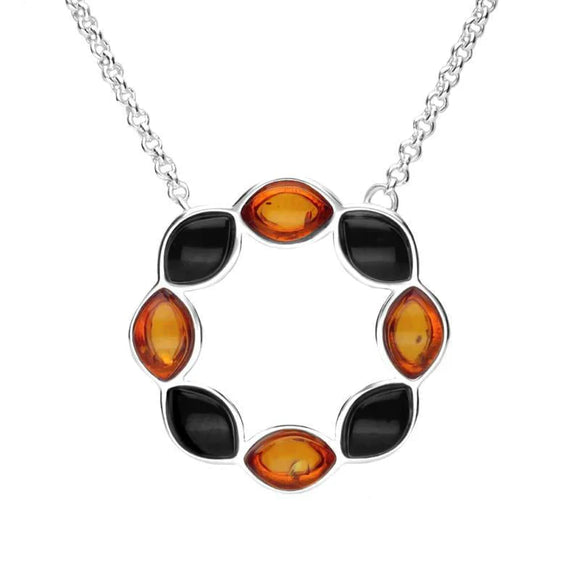 Sterling Silver Whitby Jet Amber Eight Stone Marquise Circle Necklace N1054