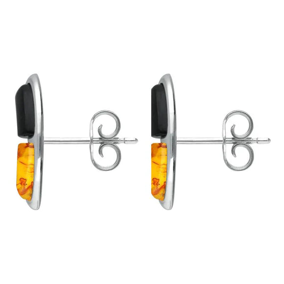 Sterling Silver Whitby Jet Amber Two Stone Oblong Stud Earrings E2507