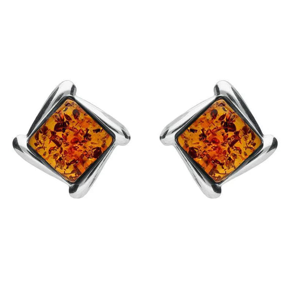 Sterling Silver Amber Square Wave Stud Earrings, E2175.