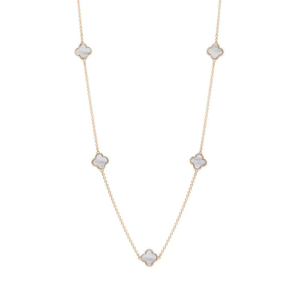 18ct Rose Gold White Mother of Pearl Bloom Four Leaf Clover Ball Edge Necklace