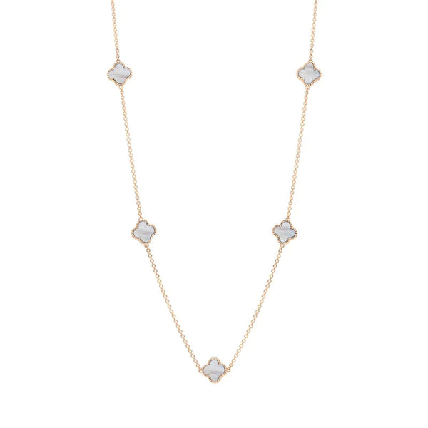 18ct Rose Gold White Mother of Pearl Bloom Four Leaf Clover Ball Edge Necklace