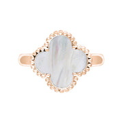 18ct Rose Gold White Mother of Pearl Bloom Four Leaf Clover Ball Edge Ring