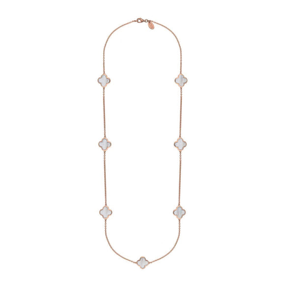 18ct Rose Gold WHITE MOP Bloom Four Leaf Clover Long Necklace, N1129