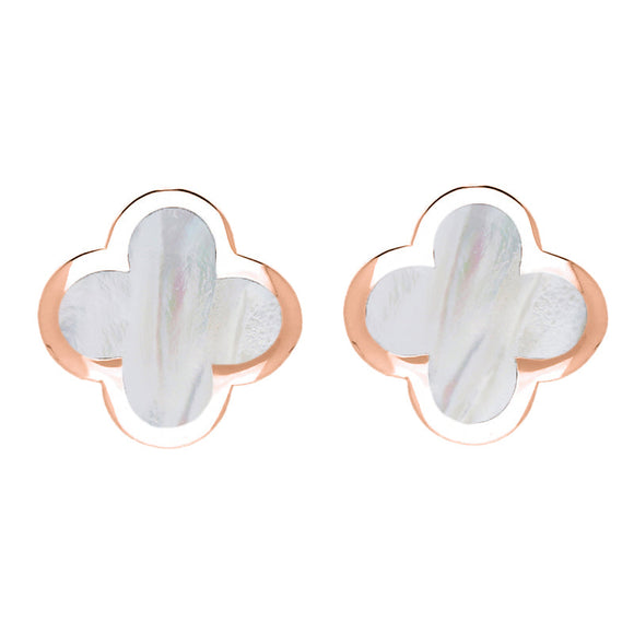 18ct Rose Gold White Mother of Pearl Bloom Four Leaf Clover Stud Earrings