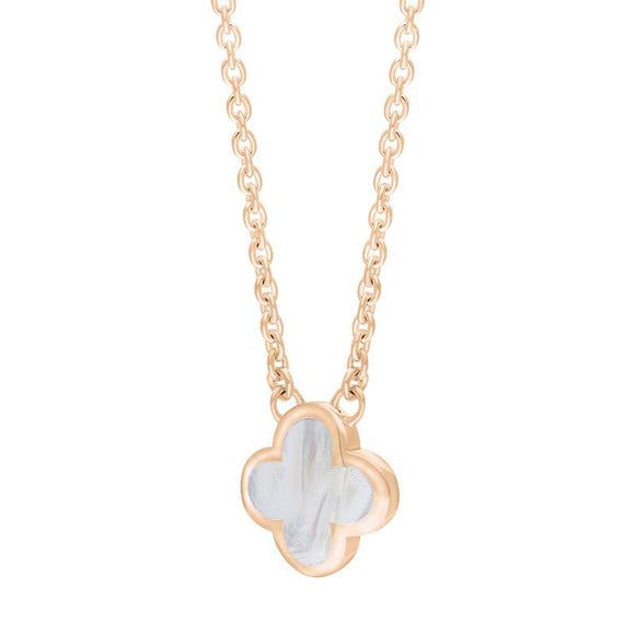 18ct Rose Gold White Mother of Pearl Bloom Small Four Leaf Clover Polished Edge Pendant