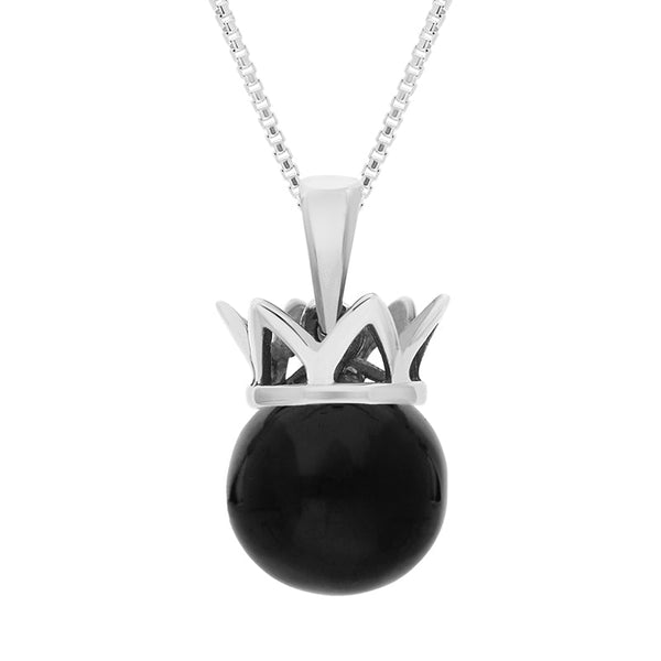 18ct White Gold Whitby Jet Royal Coronet 11mm Bead Pendant, P1920.