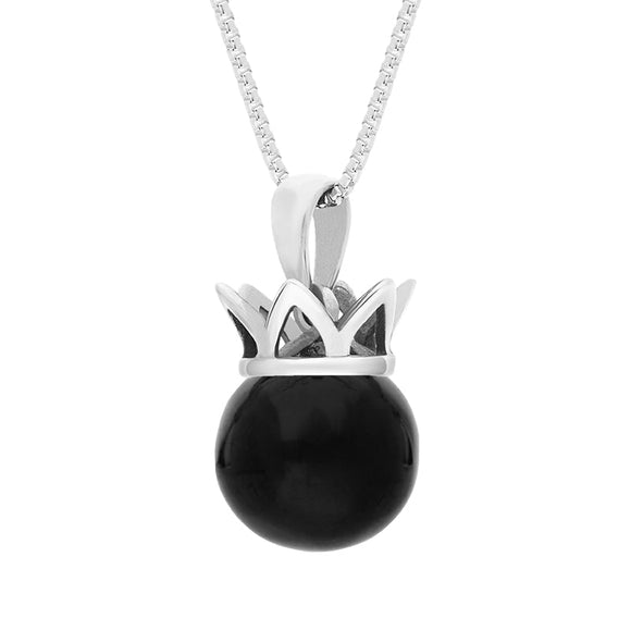 18ct White Gold Whitby Jet Royal Coronet 11mm Bead Pendant, P1920.