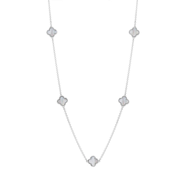 18ct White Gold WHITE MOP Bloom Four Leaf Clover Ball Edge Necklace, N1154