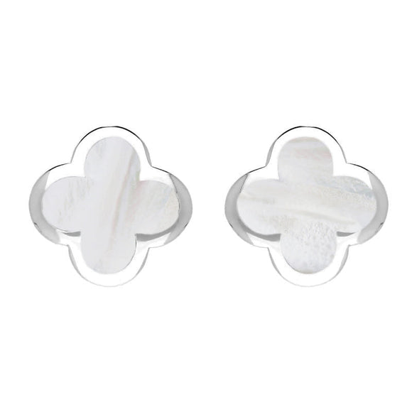 18ct White Gold WHITE MOP Bloom Four Leaf Clover Stud Earrings, E2465