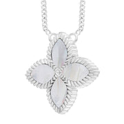 18ct White Gold White Mother of Pearl Eden Large Marquise Flower Necklace