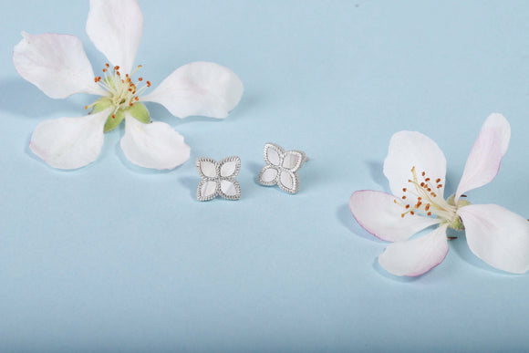 18ct White Gold White Mother of Pearl Eden Marquise Flower Stud Earrings