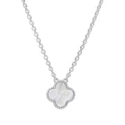 18ct White Gold WHITE MOP Bloom Small Four Leaf Clover Ball Edge Chain Necklet, N1044