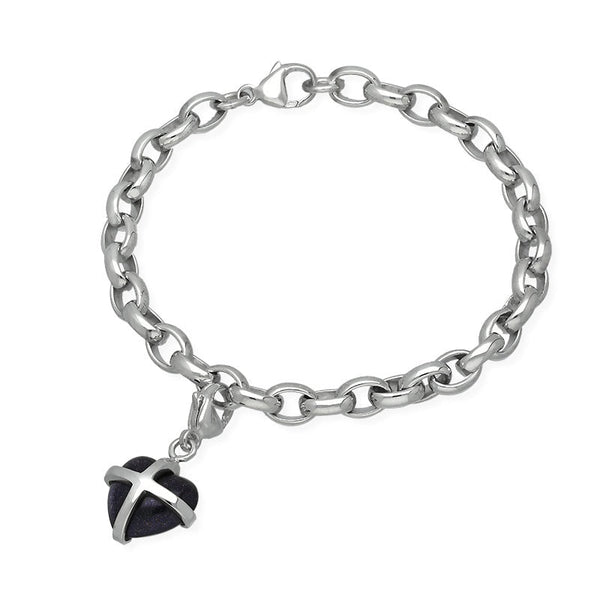 18ct White Gold Blue Goldstone Small Cross Heart Charm Bracelet, B1209