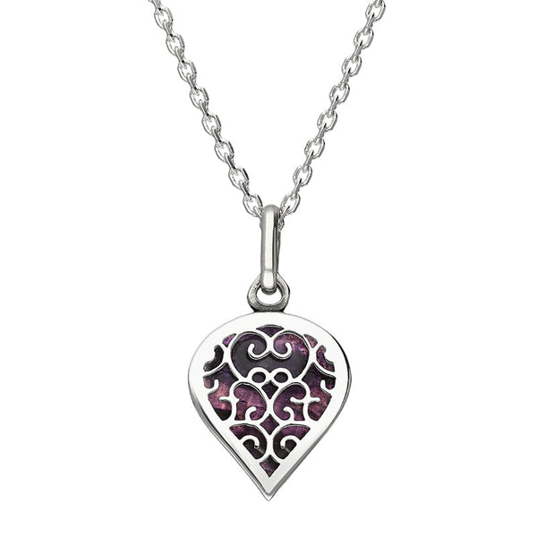 18ct White Gold Blue John Flore Filigree Small Heart Necklace. P3629.