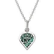 18ct White Gold Malachite Flore Filigree Small Heart Necklace. P3629.