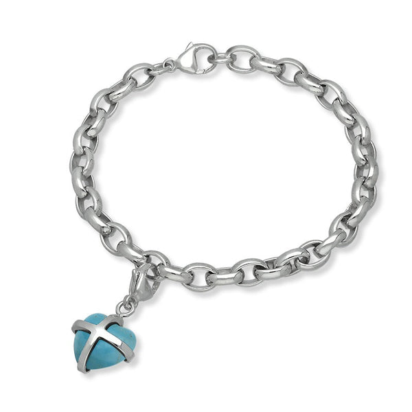 18ct White Gold Turquoise Small Cross Heart Charm Bracelet, B1209