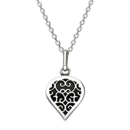 18ct White Gold Whitby Jet Flore Filigree Small Heart Necklace. P3629.