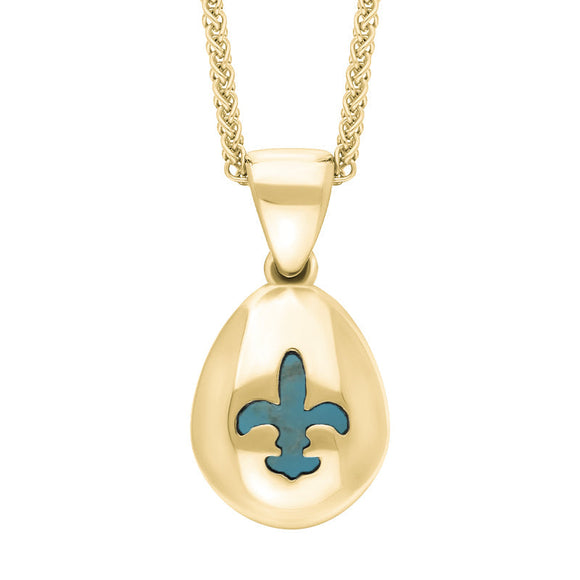 18ct Yellow Gold Turquoise Fleur De Lis Pear Shape Necklace, P3645.