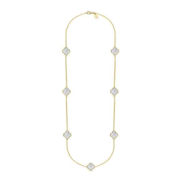 18ct Yellow Gold WHITE MOP Bloom Four Leaf Clover Ball Edge Long Necklace, N1040