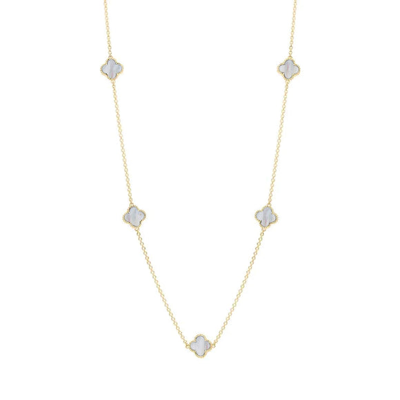 18ct Yellow Gold White Mother of Pearl Bloom Four Leaf Clover Ball Edge Necklace